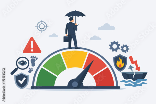 Business Risk Management and Assessment Concept with Businessman Standing on High Risk Meter Gauge Holding Umbrella for Protection Against Threats, Hazards, Crisis, and Potential Failure