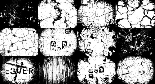 Bricks cracked and weathered with black background and white patches, showing signs of decay and neglect over time with visible damage