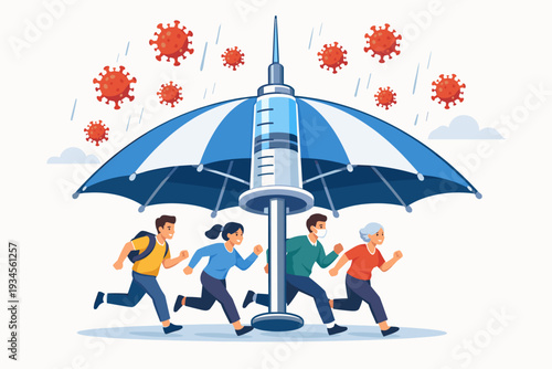 Vaccination Campaign for Herd Immunity Concept with Diverse People Running Under a Syringe Umbrella for Protection and Safety Against Coronavirus Infection and COVID-19 Pandemic Outbreak.