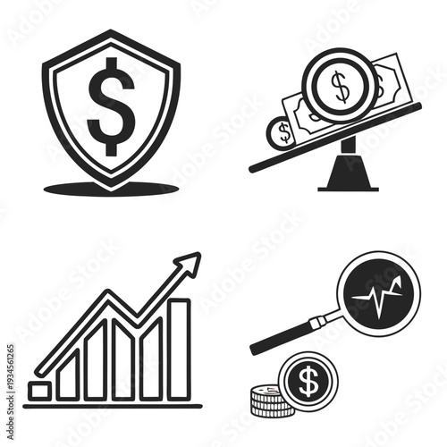 Financial icons including shield dollar graph and magnifying glass
