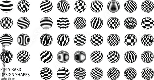 Black and white spheres with various striped and checkered patterns balls
