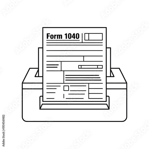 A black and white illustration of form 1040 emerging from a printer