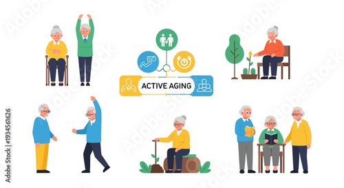Active Aging Concept with Seniors Exercising, Reading, Gardening, and Socializing - Elderly Wellness Lifestyle Illustration