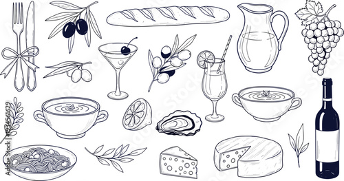 Italian Cuisine Hand Drawn Vector Illustration Featuring Wine Cheese Bread Olives Pasta Soup and Mediterranean Food Elements in Elegant Vintage Engraving Outline Style