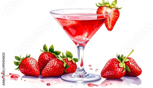 A vibrant watercolor illustration featuring a martini glass filled with a ruby-red drink, garnished with a ripe strawberry. Fresh strawberries surround the glass