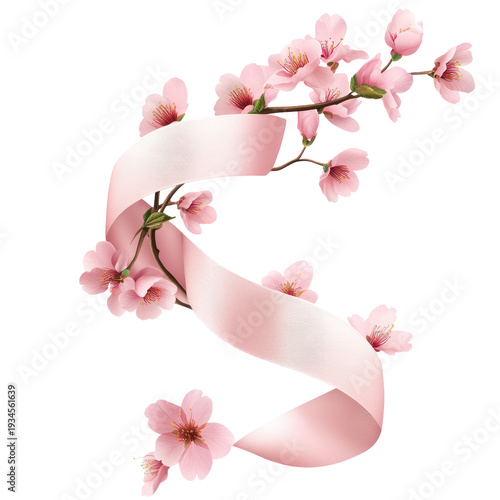 A delicate pink ribbon wrapped around cherry blossoms on transparent background