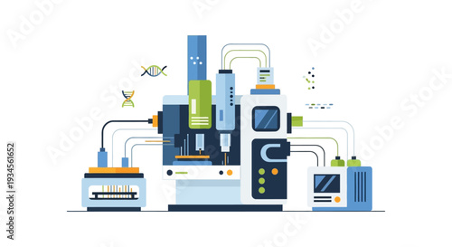 Advanced Biotechnology Laboratory Equipment for Genomic Research and DNA Sequencing - Flat Vector Illustration