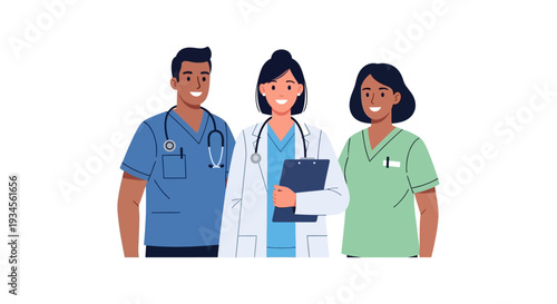 Smiling Diverse Healthcare Professionals: Doctor, Nurse, and Medical Team Illustration