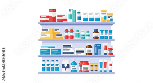 Flat Design Pharmacy Shelves Stocked with Medicines and Healthcare Products