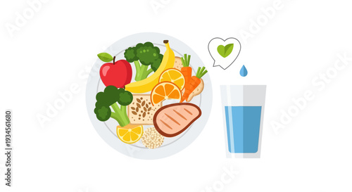 Healthy Balanced Diet Plate with Water & Hydration Icon. Complete Meal for Optimal Nutrition & Wellness. Flat Design Vector.
