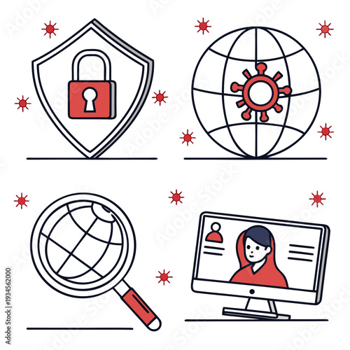 Set of internet safety and global pandemic related icons with a shield, lock, globe, virus, magnifying glass, and computer screen