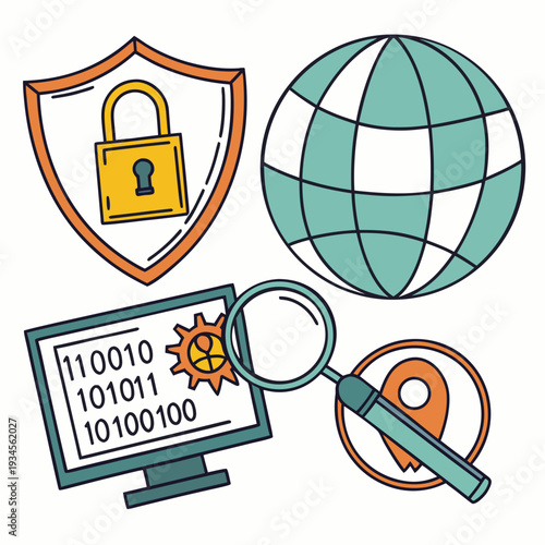 Cybersecurity shield lock padlock global network binary code computer gear location pin technology concept illustration