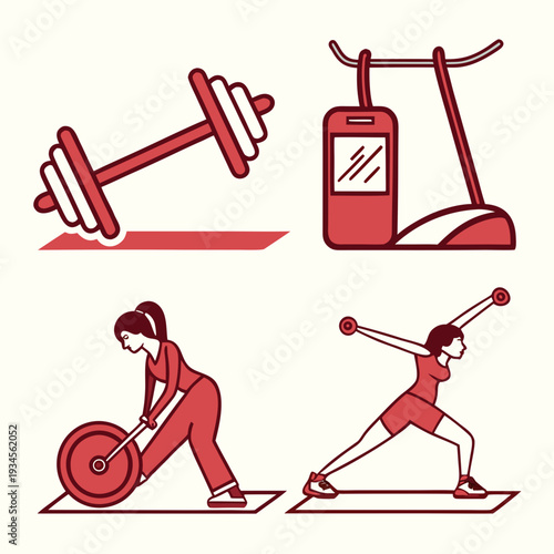 Monochrome fitness equipment and women exercising set, includes dumbbell, treadmill, woman lifting weights, and woman doing lunges