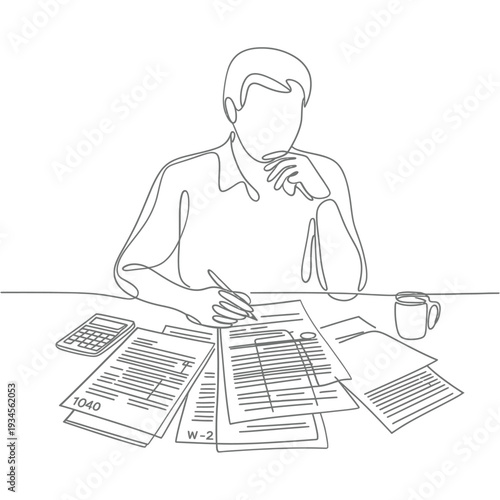 A person contemplating finances with papers calculator and a cup