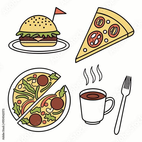 Collection of four appetizing food icons featuring burger on plate, pizza slice, round pizza cut into pieces, and hot coffee cup
