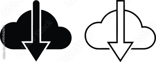 Cloud download icon showing a file transfer in outline and solid vector forms