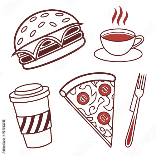 Outline fast food set, includes hamburger, hot coffee cup, disposable coffee cup, pizza slice, and fork, meal items collection