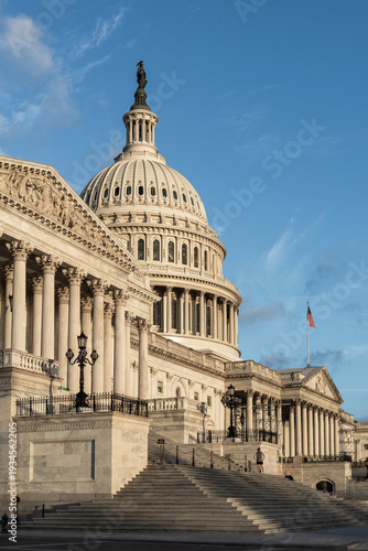 Washington, DC, USA - March 21st 2024 - Photo showing the Capitol building dome and front with the U.S. flag in Washington, DC, 