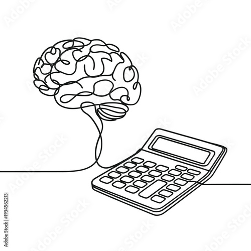 A continuous line drawing of a brain connected to a calculator