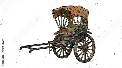 Antique Rickshaw Illustration on White Background