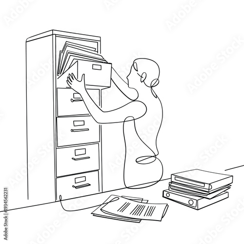 Line drawing of a person searching through a filing cabinet