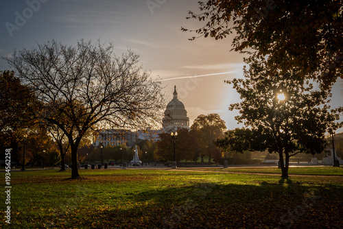 Washington, DC, USA - A wide view of the Capitol building at sunset.
