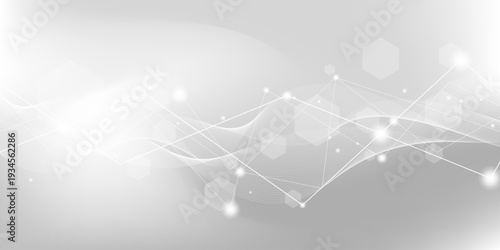 White grey background of science technology concept with connection lines, light particles and hexagon shapes. For clean digital network, modern medical science, presentation, poster, banner