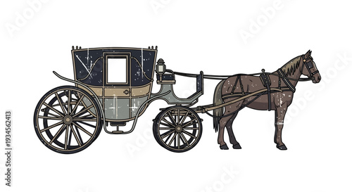 Horse-drawn carriage, vintage transport, ornate design, isolated on white
