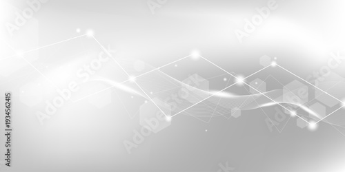 White grey background of science technology concept with connection lines, light particles and hexagon shapes. For clean digital network, modern medical science, presentation, poster, banner