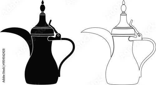 Traditional arabic coffee pots displayed side by side in contrast of colors
