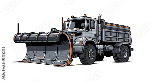Heavy duty snow plow truck with large blade for winter road clearing