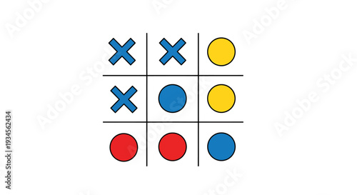 Tic tac toe game board with blue crosses and colored circles
