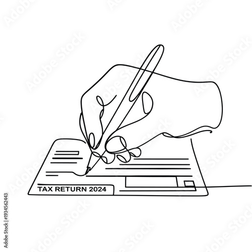 Hand writing on a tax return form in a continuous line drawing