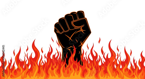 Black clenched fist rising from orange and red flames on white background