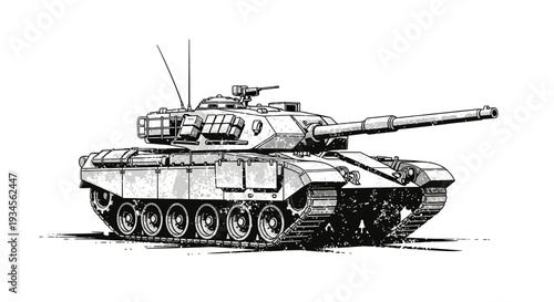 Military Tank Illustration, Black and White