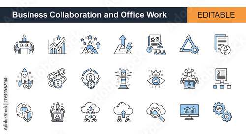 Business collaboration and office work editable line icons set for productivity and management