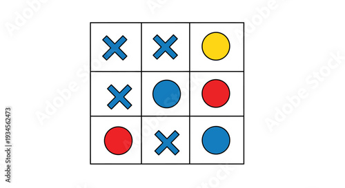 Tictactoe game board with blue crosses and colored circles on white squares