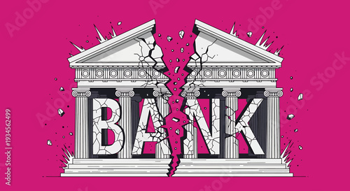 Illustration of broken bank building with cracked letters and pillars on pink background
