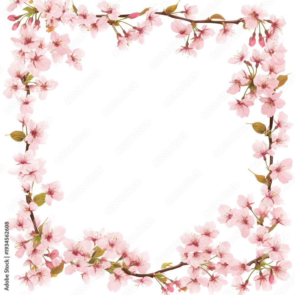 Fototapeta premium A beautiful floral border of pink cherry blossoms on transparent background