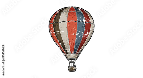 Retro hot air balloon, vintage design, grunge texture, isolated on white