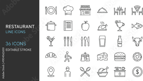 Restaurant Line Icon Set Featuring Chef Menu Cooking Utensils Food Drinks and Dining Symbols in Minimal Editable Stroke Vector Illustration Collection with 36 Icons