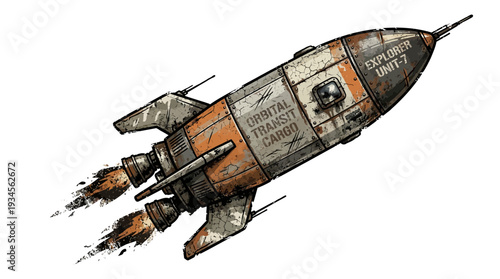 Retro sci-fi rocket ship in flight, pixel art style