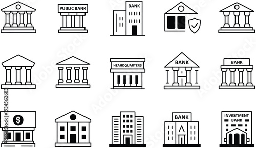 bank building outline icon set with financial institutions, savings, investment, credit and payment symbols, editable vector icons for ui, web and mobile apps.