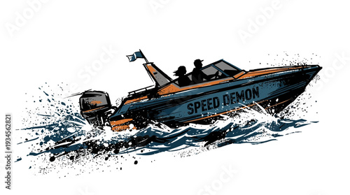 Speeding Motorboat with Two People on Water