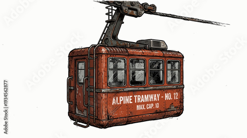 Vintage Alpine Tramway Cable Car Illustration