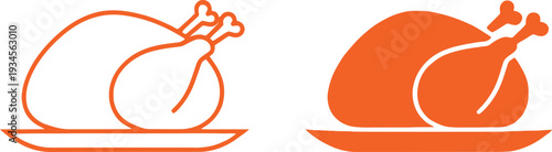 Roasted turkey dinner icons in orange outline and solid fill for festive holiday meal theme