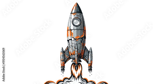 Vintage rocket ship launching with fire and smoke