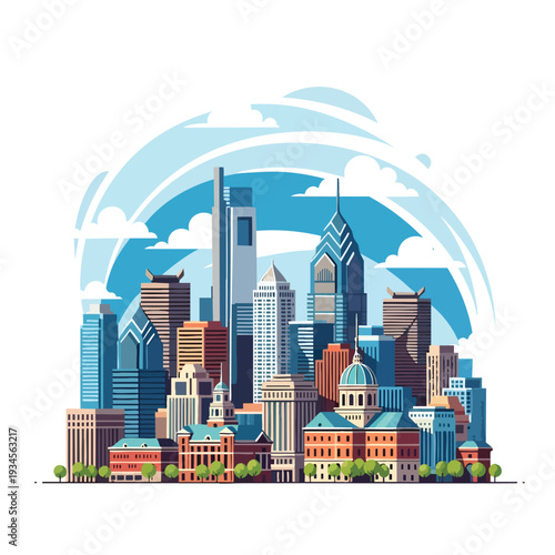 A colorful vector illustration of the Philadelphia skyline with modern and historic buildings, set against a blue sky with clouds. Perfect for travel brochures, city guides, and urban