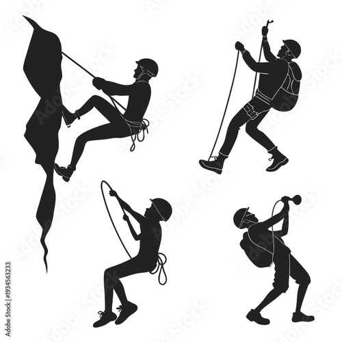 Silhouette of four people rock climbing and rappelling