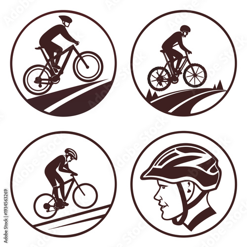 Four circular icons depicting cyclists and a helmet